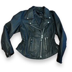 Womens Structured motorcycle Biker jacket peplum leather black asymmetrical S